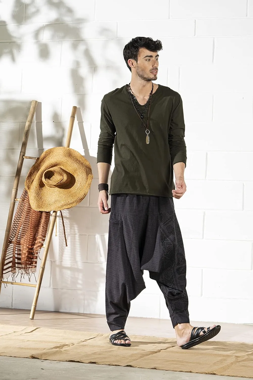 The Veshti Company Men's Boho Harem Pants - Printed Yoga Baggy Pants with Elastic Waist & Drawstring,