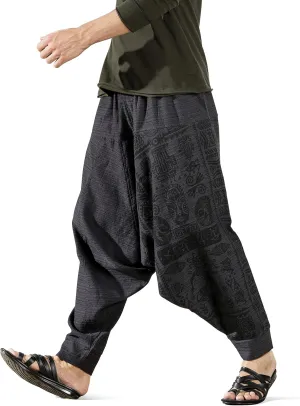 The Veshti Company Men's Boho Harem Pants - Printed Yoga Baggy Pants with Elastic Waist & Drawstring,