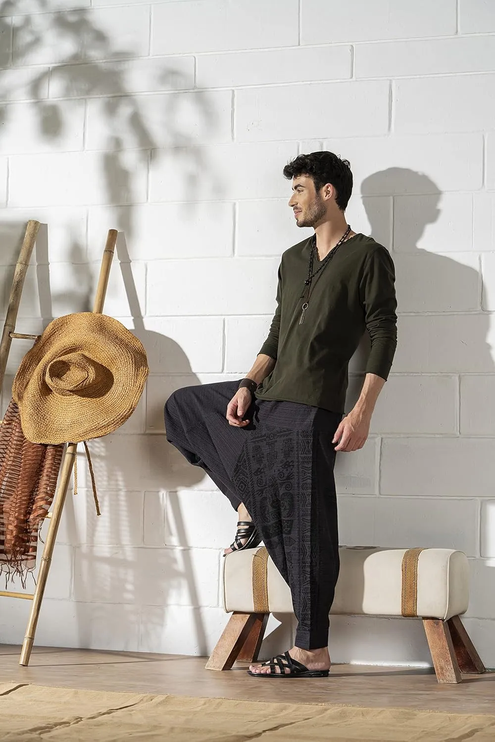 The Veshti Company Men's Boho Harem Pants - Printed Yoga Baggy Pants with Elastic Waist & Drawstring,
