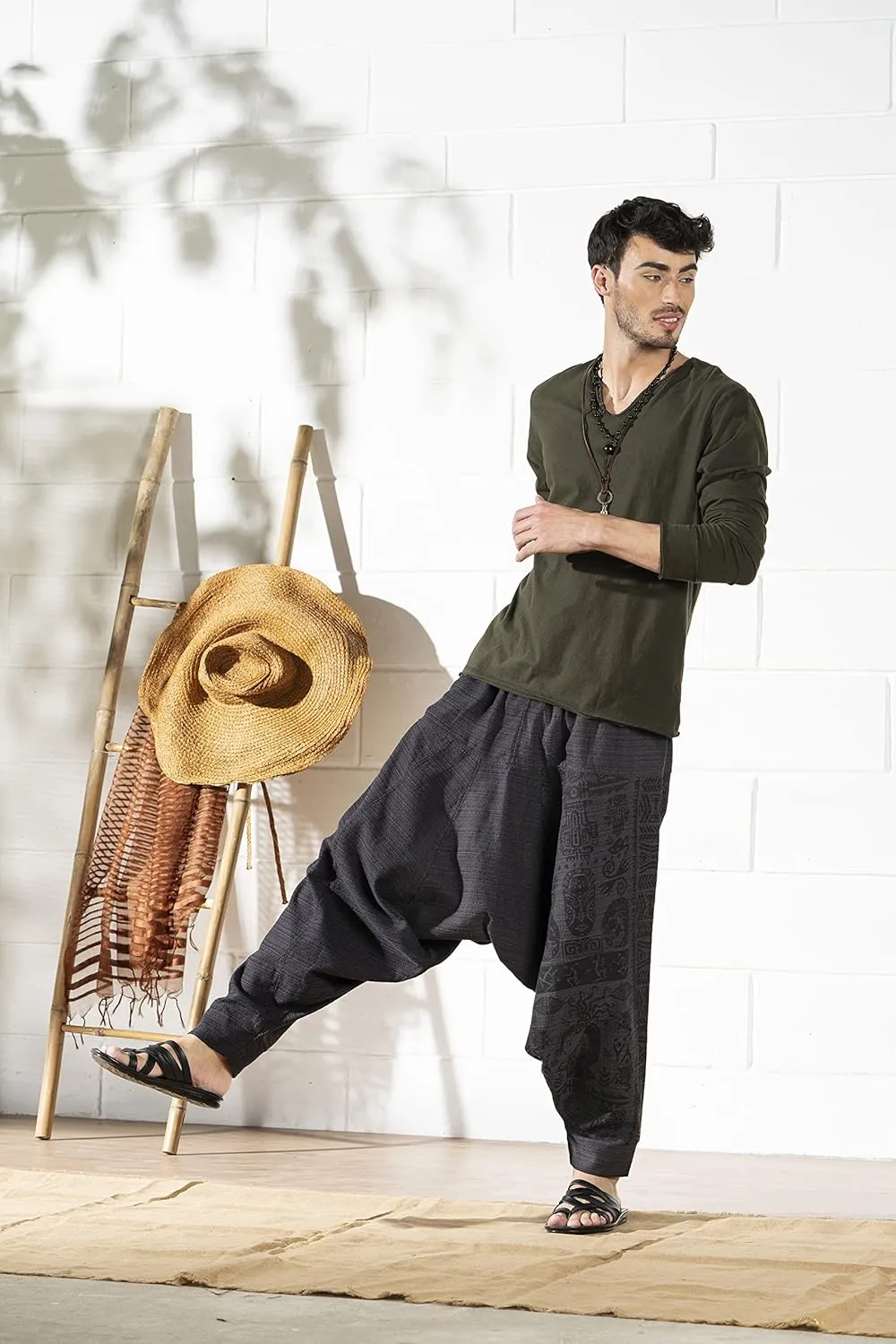The Veshti Company Men's Boho Harem Pants - Printed Yoga Baggy Pants with Elastic Waist & Drawstring,