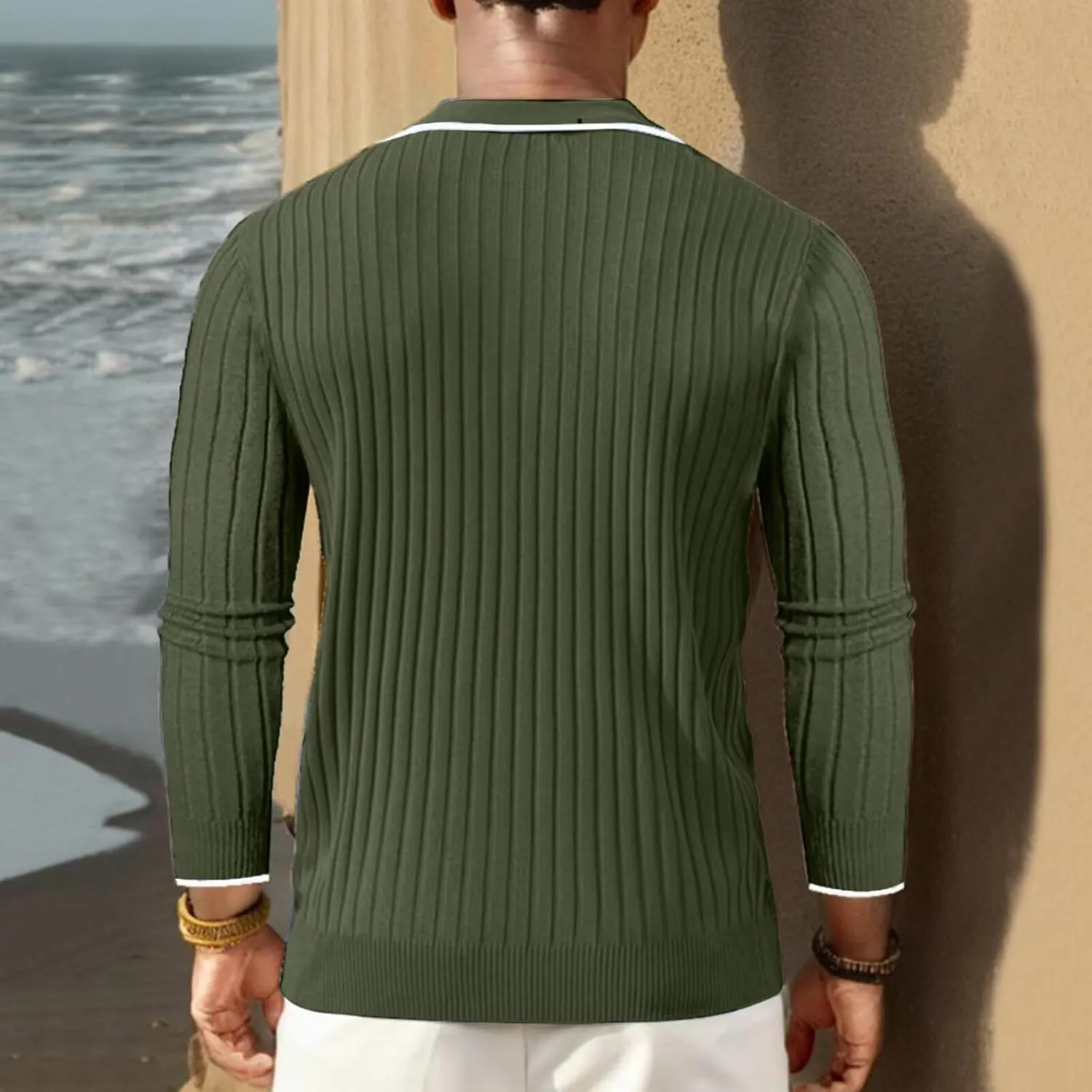 ThusFar Men's Zipper Polo Shirt Casual Knit Long Sleeve Ribbed Polo T Shirt Classic Fit Golf Shirts Activewear Polos