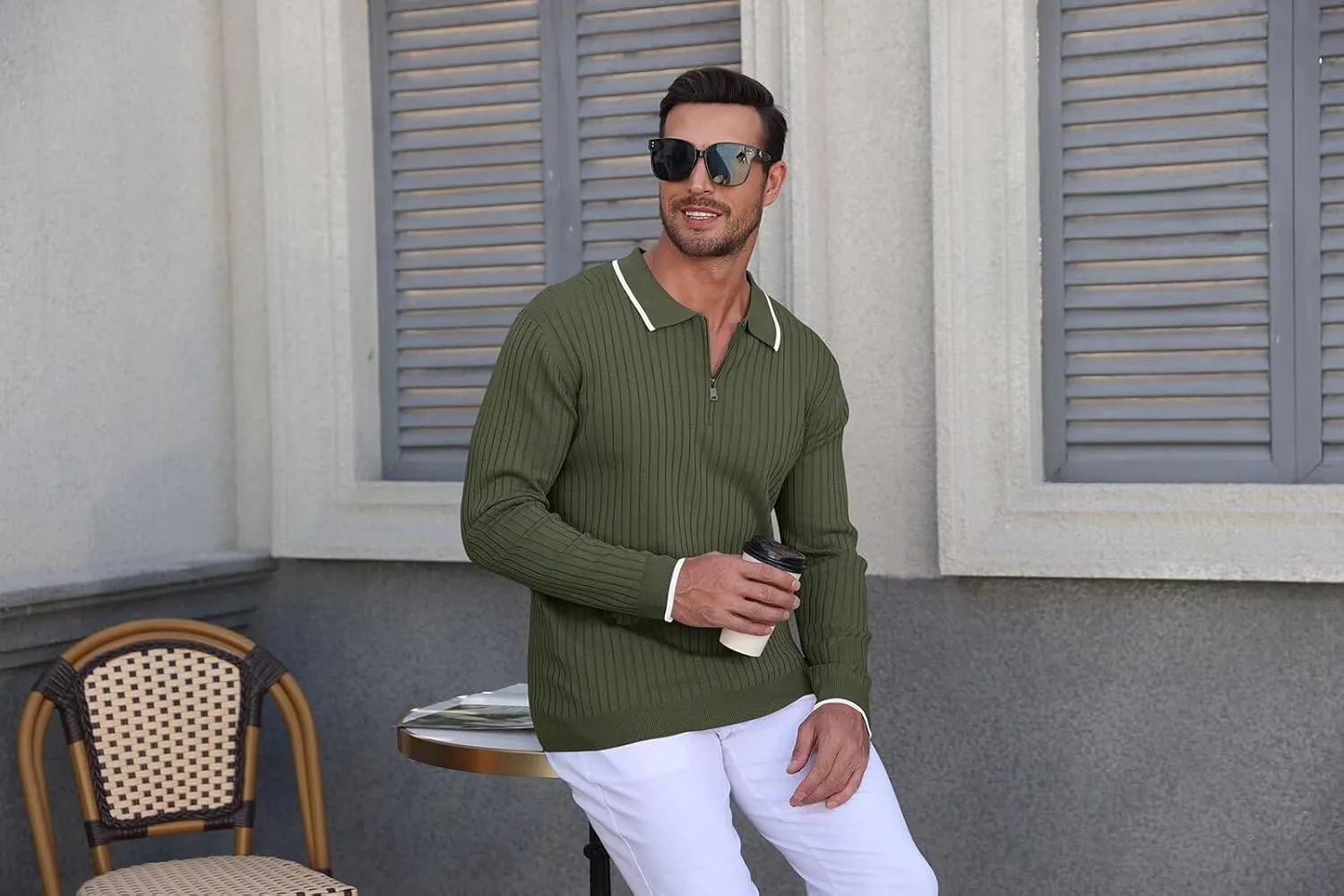 ThusFar Men's Zipper Polo Shirt Casual Knit Long Sleeve Ribbed Polo T Shirt Classic Fit Golf Shirts Activewear Polos
