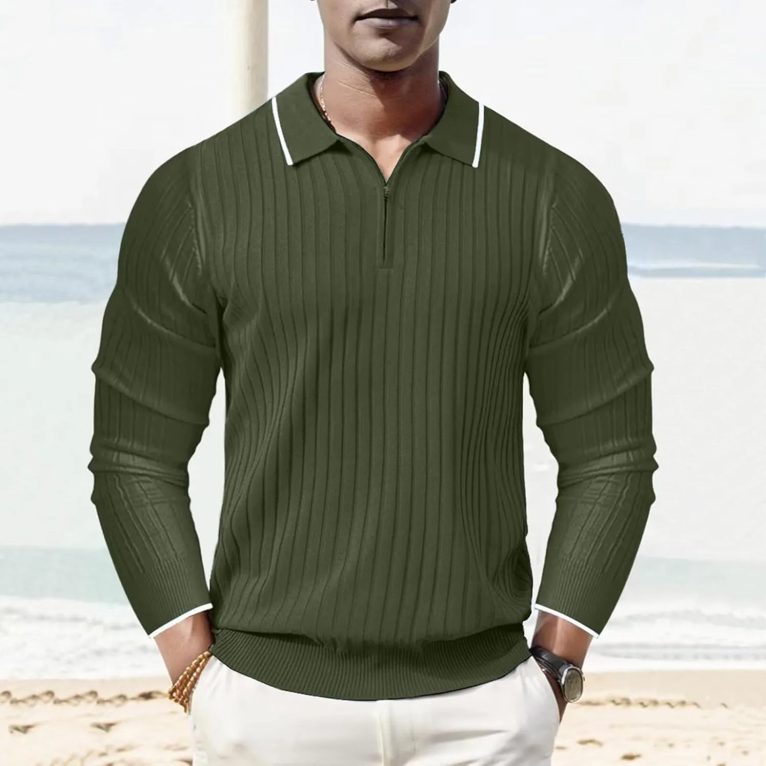 ThusFar Men's Zipper Polo Shirt Casual Knit Long Sleeve Ribbed Polo T Shirt Classic Fit Golf Shirts Activewear Polos