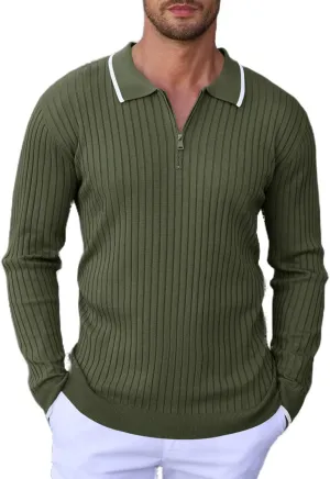 ThusFar Men's Zipper Polo Shirt Casual Knit Long Sleeve Ribbed Polo T Shirt Classic Fit Golf Shirts Activewear Polos