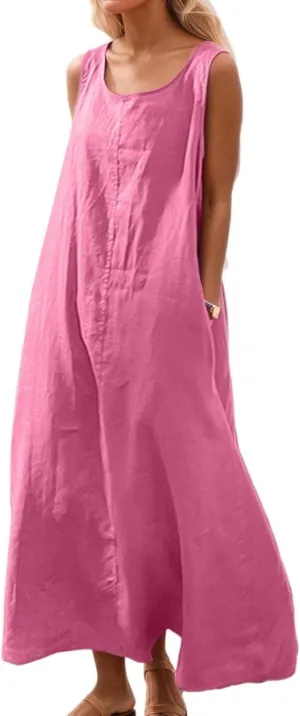 TIAFORD Womens Cotton Linen Beach Tank Long Dress Summer Casual Plus Size Sundress Flowy Loose Sleeveless Maxi Dresses