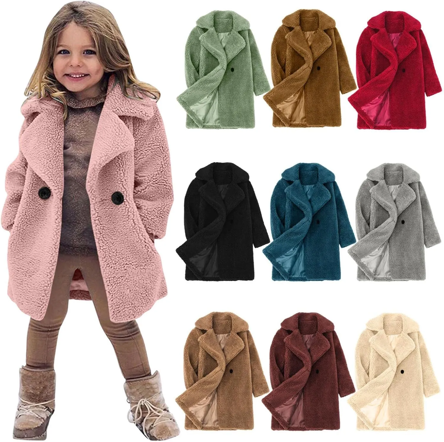 Toddler Baby Girls Duffle Overcoat Winter Fleece Sherpa Jacket Windproof Thick Cardigan Trench Lapel Parka Coat for Kids