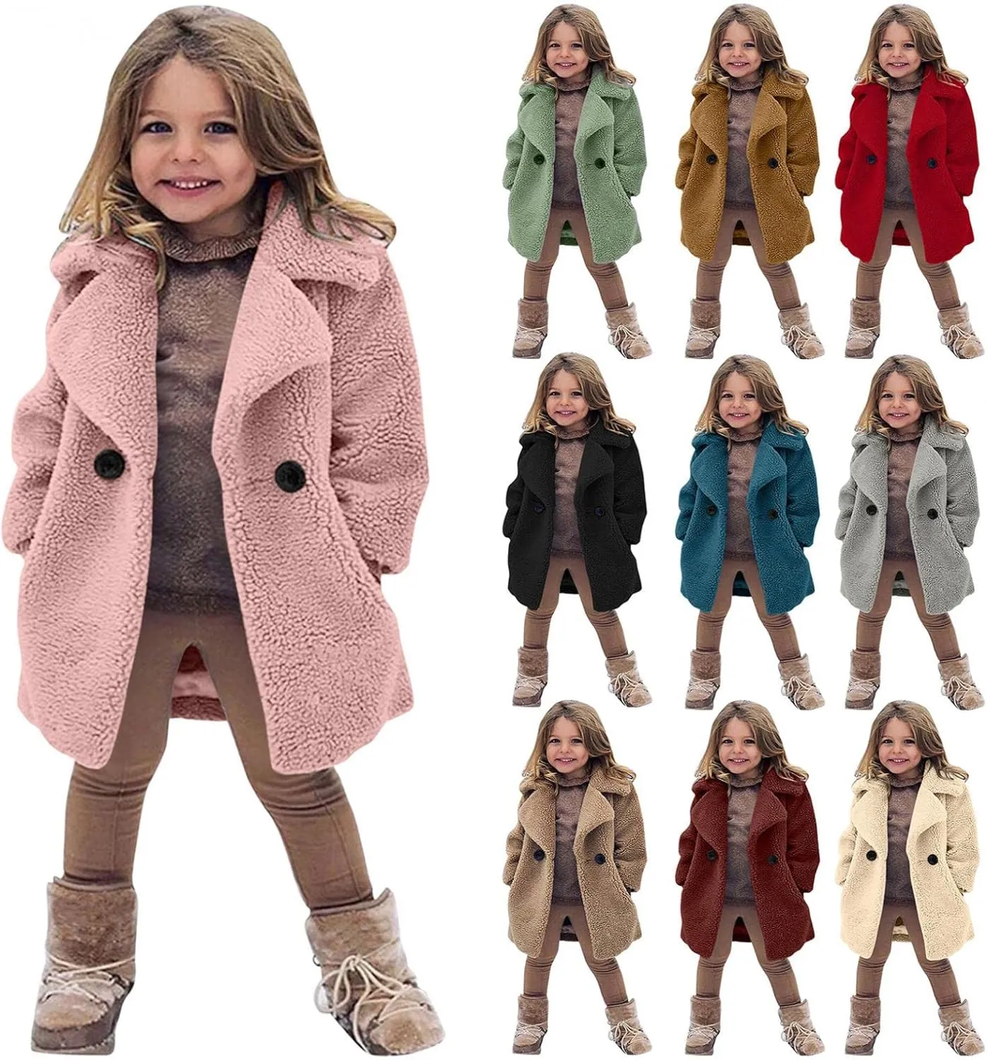 Toddler Baby Girls Duffle Overcoat Winter Fleece Sherpa Jacket Windproof Thick Cardigan Trench Lapel Parka Coat for Kids