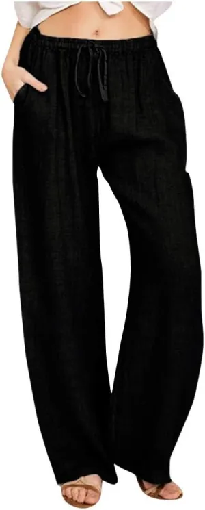 TUNUSKAT Womens Wide Leg Linen Pants Summer High Waist Cotton Palazzo Trousers Lounge Flowy Boho Slacks Beach Travel Outfits