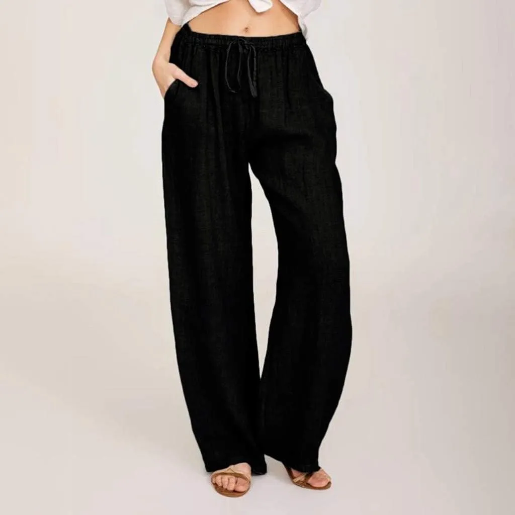 TUNUSKAT Womens Wide Leg Linen Pants Summer High Waist Cotton Palazzo Trousers Lounge Flowy Boho Slacks Beach Travel Outfits