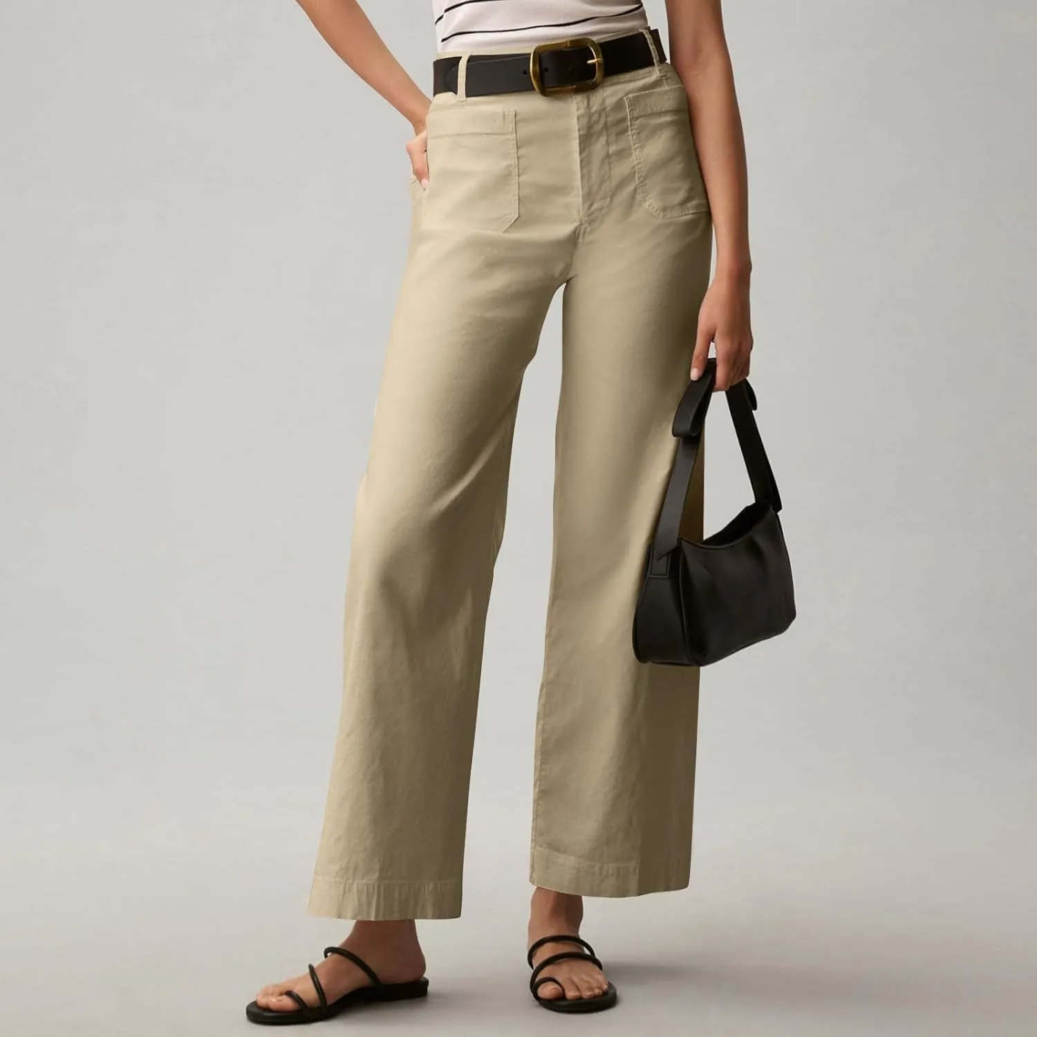 Twill Stretch Cropped Wide Leg Pants for Women Business Casual High Waist Chino Pants Office Work Ankle Jeans w/Pocket