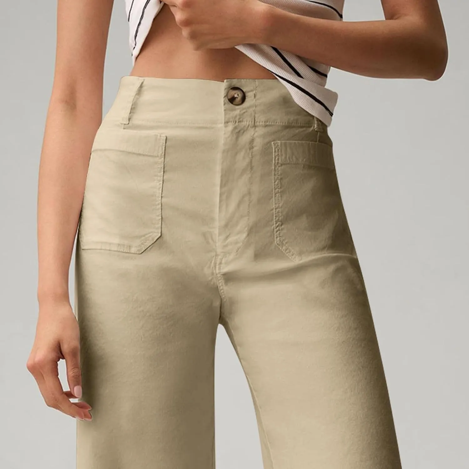 Twill Stretch Cropped Wide Leg Pants for Women Business Casual High Waist Chino Pants Office Work Ankle Jeans w/Pocket
