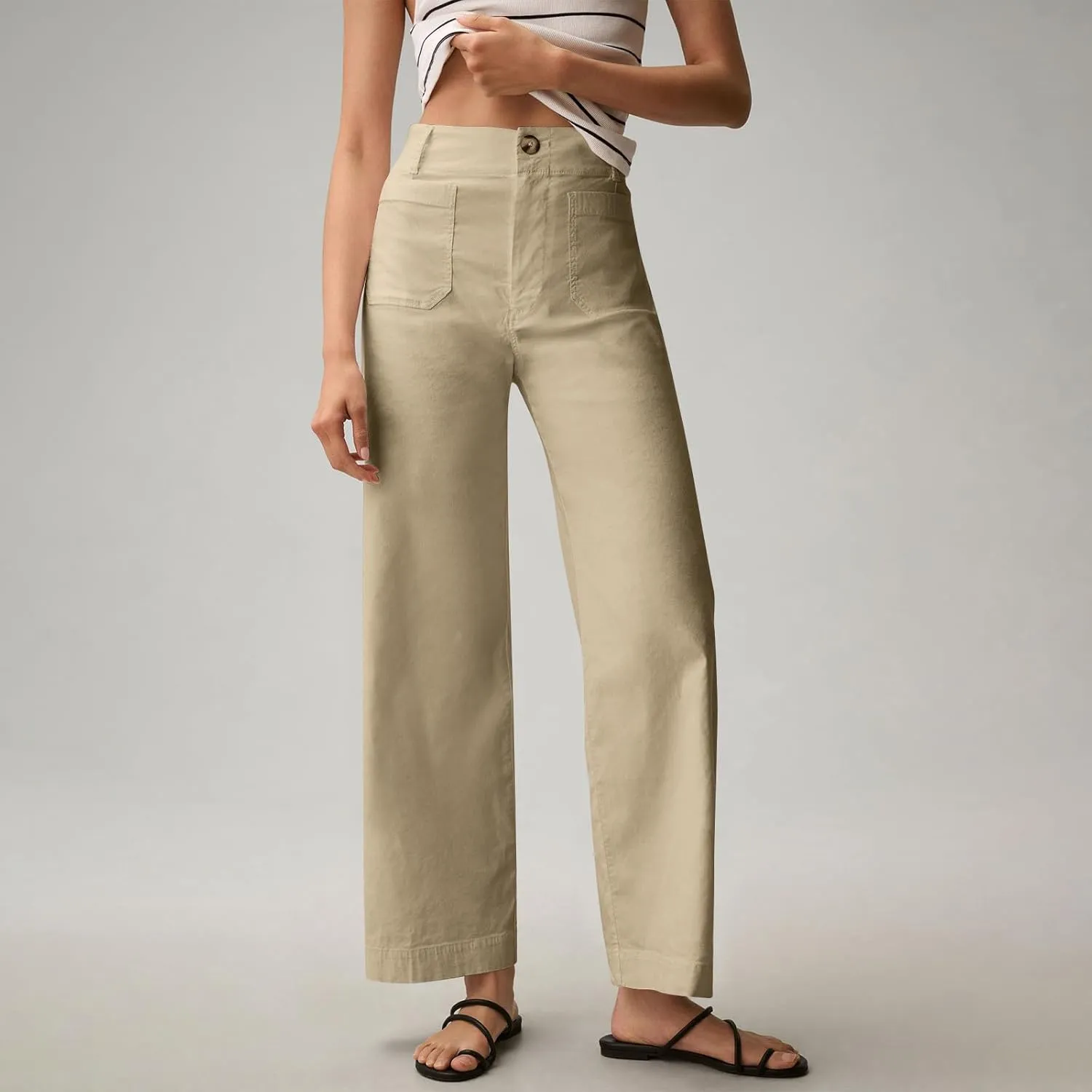 Twill Stretch Cropped Wide Leg Pants for Women Business Casual High Waist Chino Pants Office Work Ankle Jeans w/Pocket