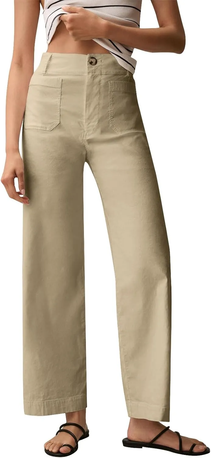 Twill Stretch Cropped Wide Leg Pants for Women Business Casual High Waist Chino Pants Office Work Ankle Jeans w/Pocket