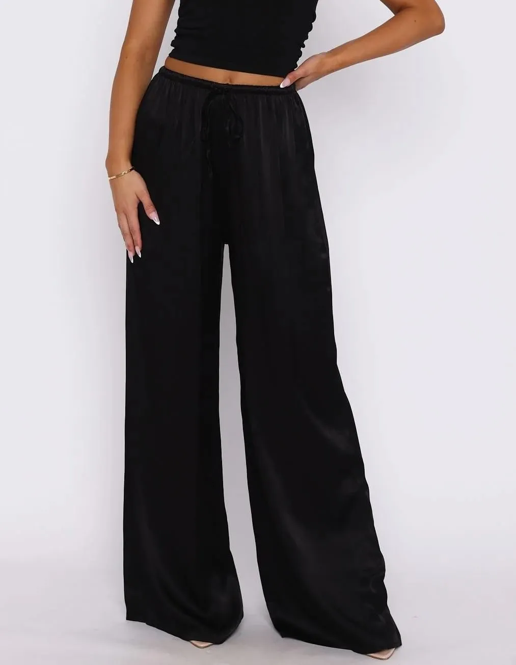 UAURORAO Satin Pants for Women Dressy Silk Wide Leg Lounge Pants Elastic Drawstring Casual Long Flowy Trousers