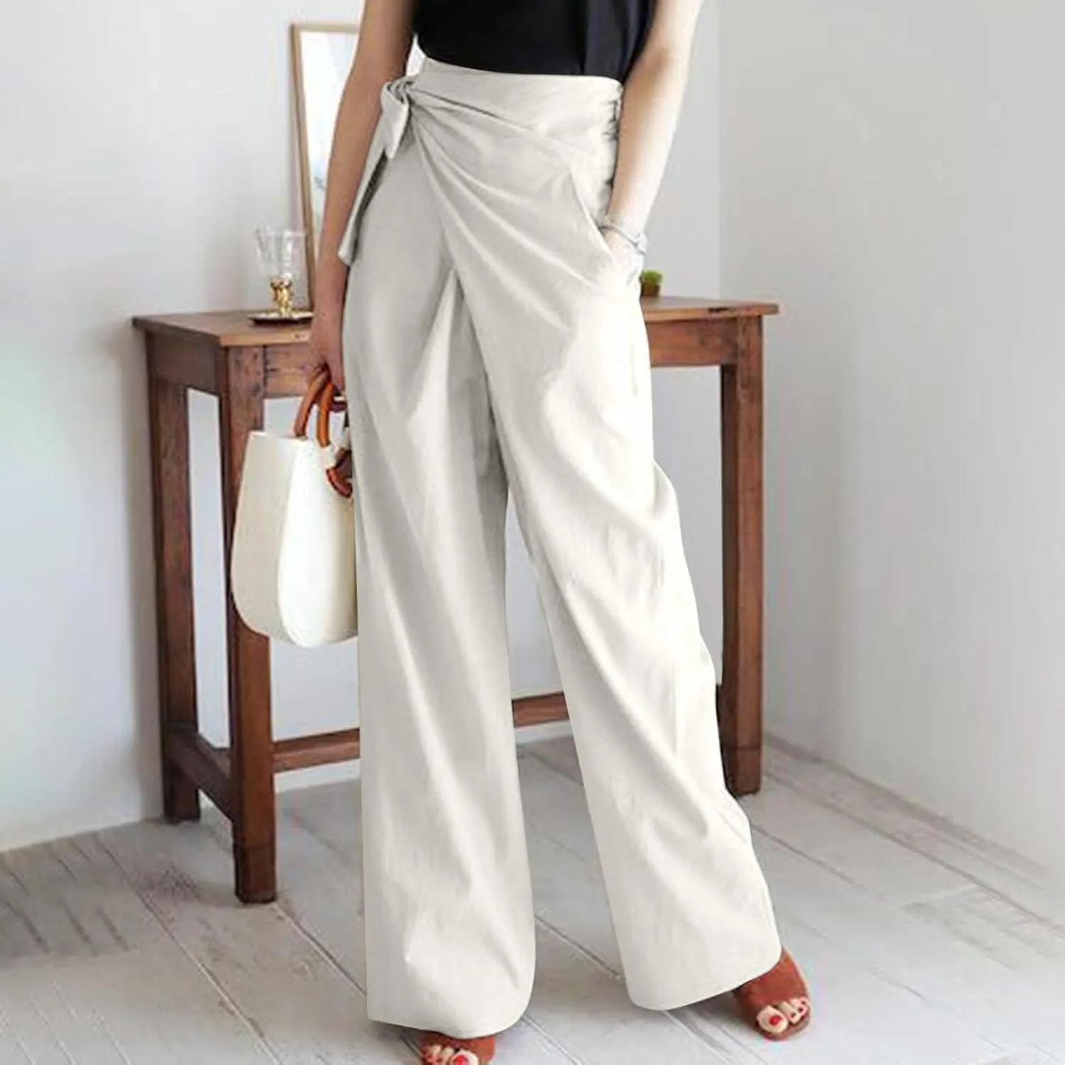 Uillui Dressy Casual Work Pants for Women Fashion Wrap High Waist Lace-Up Slacks Straight Leg Wide Leg Cotton Linen Trousers