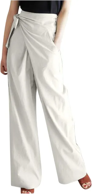 Uillui Dressy Casual Work Pants for Women Fashion Wrap High Waist Lace-Up Slacks Straight Leg Wide Leg Cotton Linen Trousers