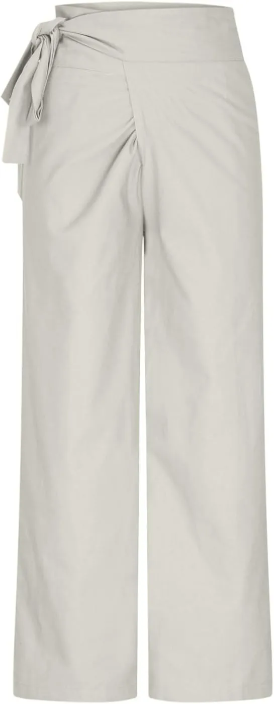 Uillui Dressy Casual Work Pants for Women Fashion Wrap High Waist Lace-Up Slacks Straight Leg Wide Leg Cotton Linen Trousers