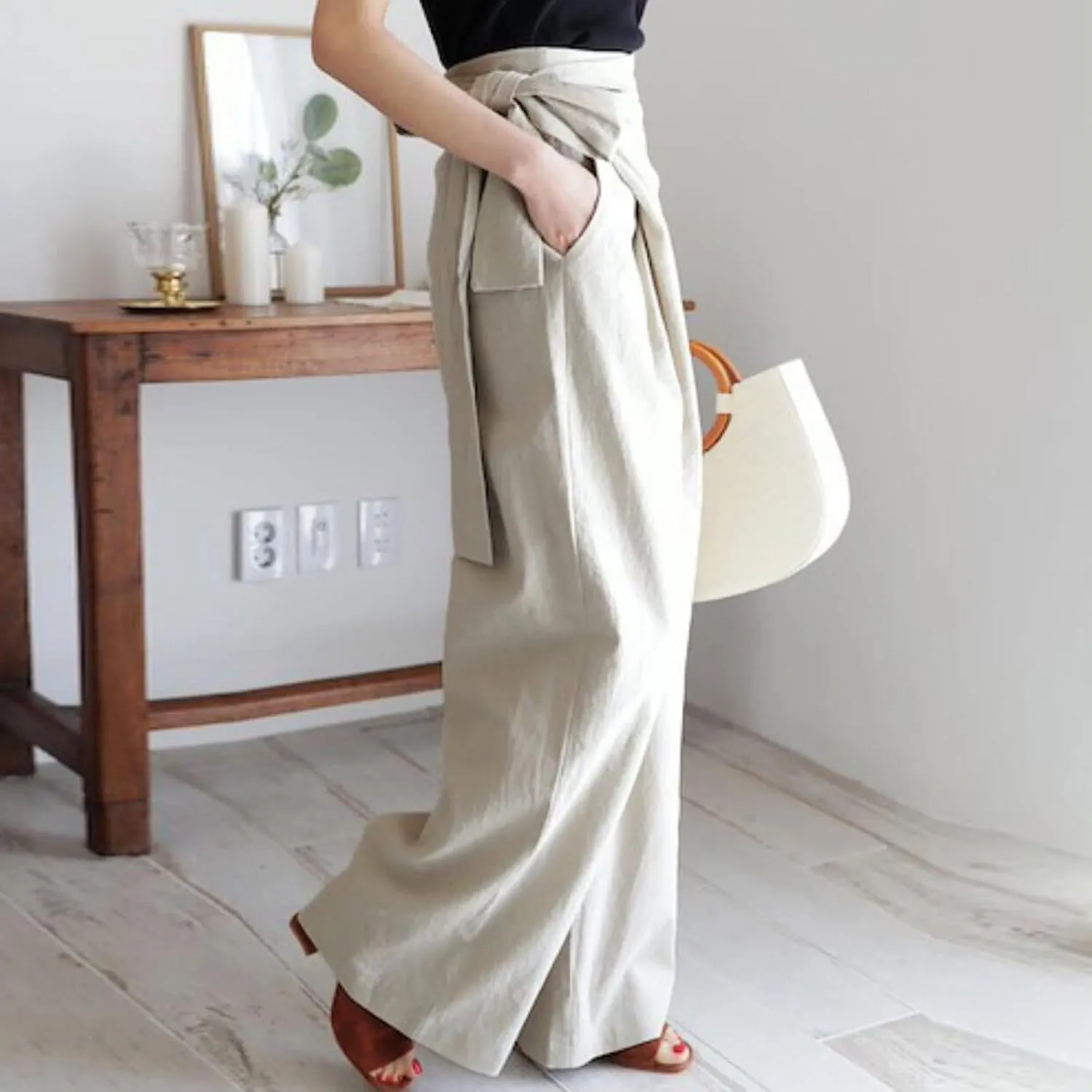 Uillui Dressy Casual Work Pants for Women Fashion Wrap High Waist Lace-Up Slacks Straight Leg Wide Leg Cotton Linen Trousers