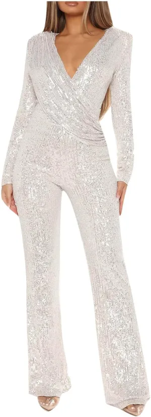 Uillui Sequins Women's Jumpsuit Formal Sexy V Neck High-Waist Woman Romper Elegant Long Sleeve Wide Leg Pants Party Clubwear