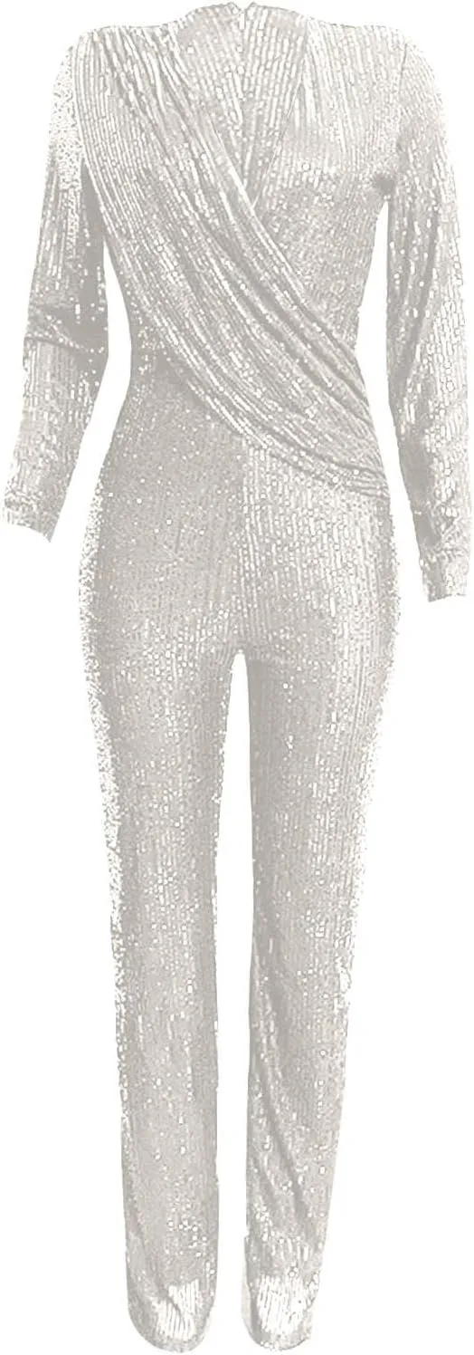 Uillui Sequins Women's Jumpsuit Formal Sexy V Neck High-Waist Woman Romper Elegant Long Sleeve Wide Leg Pants Party Clubwear
