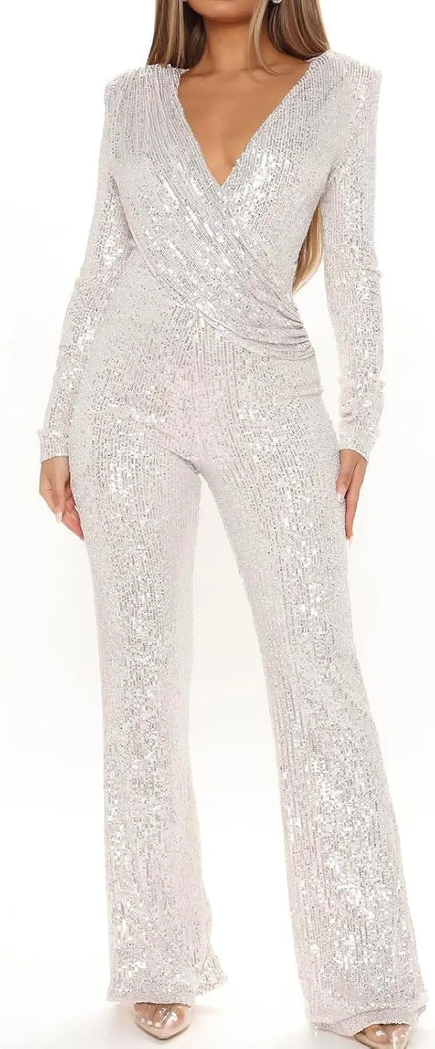 Uillui Sequins Women's Jumpsuit Formal Sexy V Neck High-Waist Woman Romper Elegant Long Sleeve Wide Leg Pants Party Clubwear