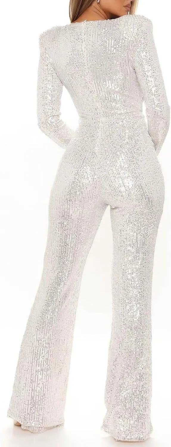 Uillui Sequins Women's Jumpsuit Formal Sexy V Neck High-Waist Woman Romper Elegant Long Sleeve Wide Leg Pants Party Clubwear