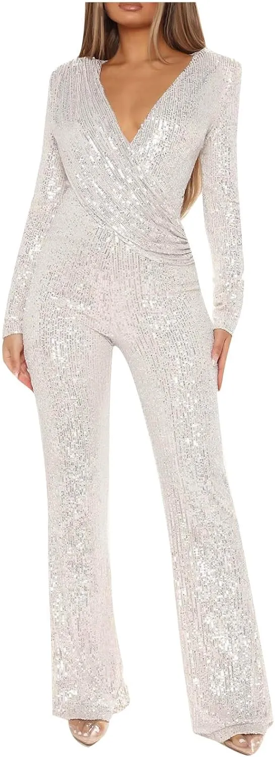Uillui Sequins Women's Jumpsuit Formal Sexy V Neck High-Waist Woman Romper Elegant Long Sleeve Wide Leg Pants Party Clubwear