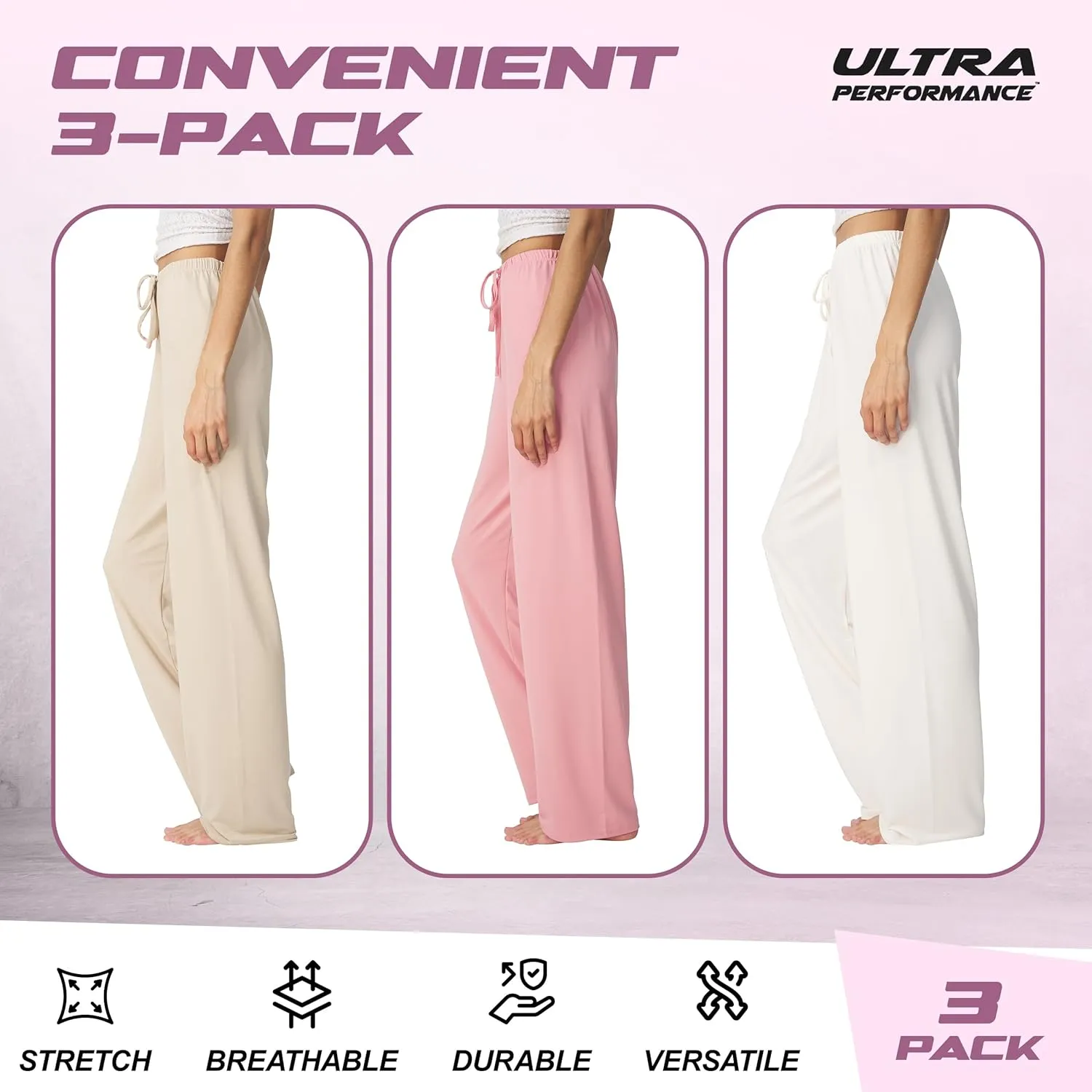 Ultra Performance Womens Pajama PJ Pants 3 Pack Lounge Bottoms Pajamas for Women (Avail in Plus Sizes)