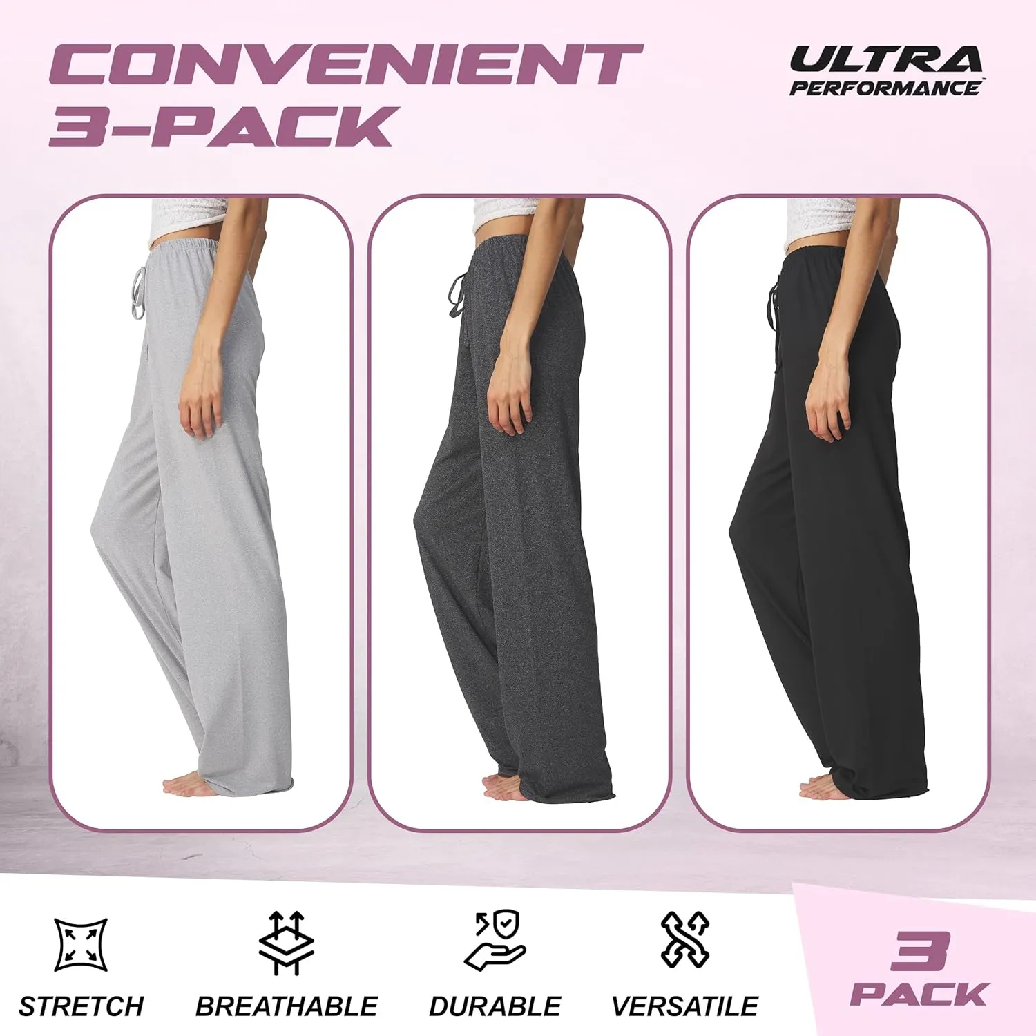 Ultra Performance Womens Pajama PJ Pants 3 Pack Lounge Bottoms Pajamas for Women (Avail in Plus Sizes)