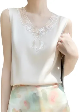 V-Neck Lace Camisole Women's Satin T-Shirt Sleeveless Bottoming Shirt Top