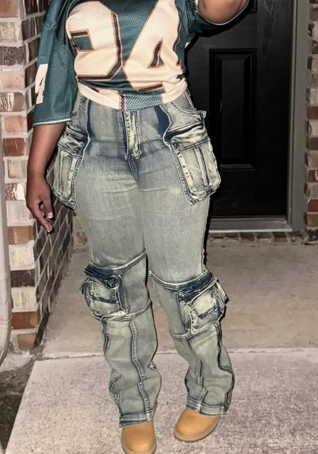 Vakkest Denim Cargo Jeans for Women High Waisted Loose Baggy Straight Wide Leg Stretch Pants Y2K Streetwear with Flap Pockets