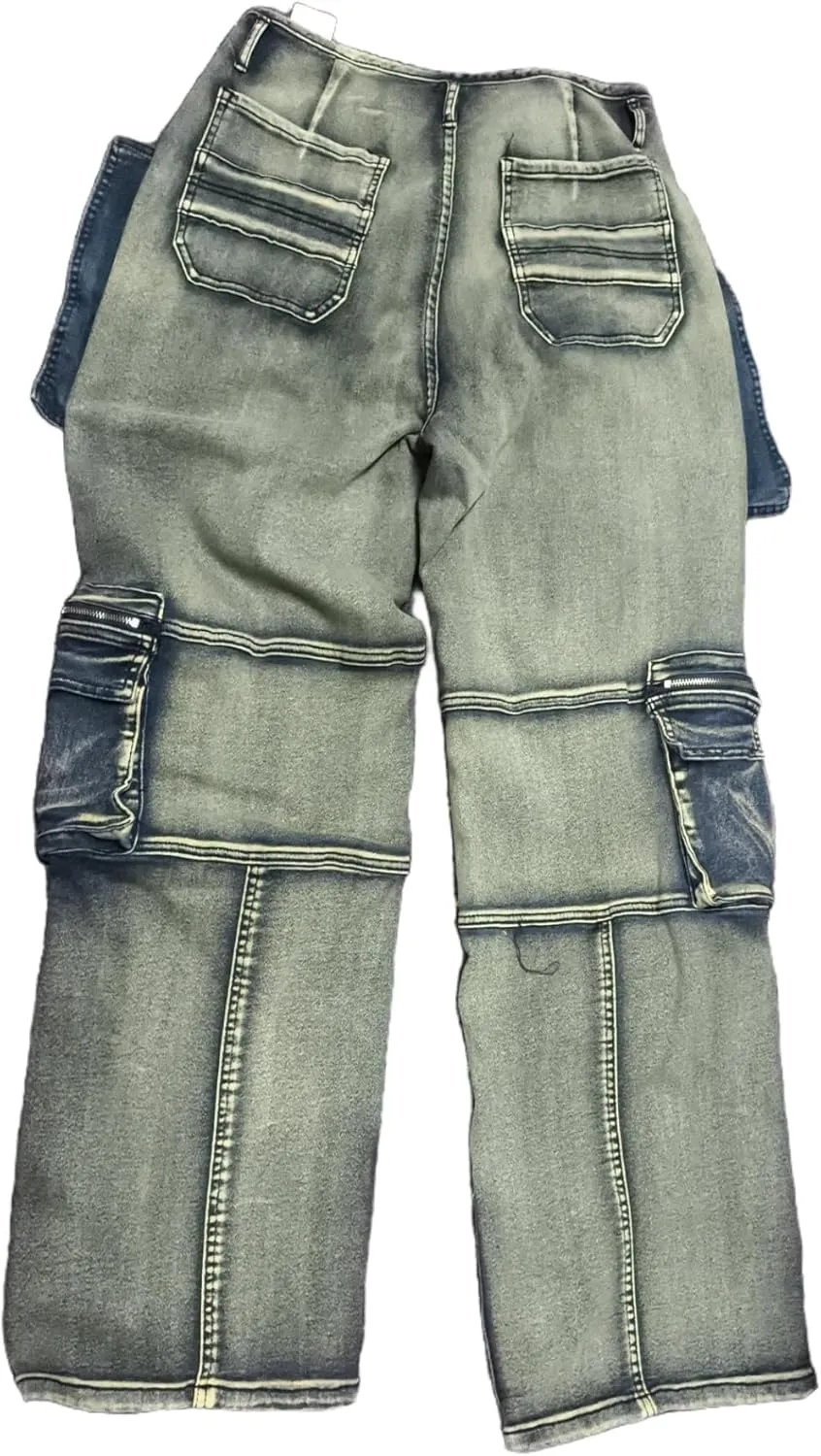 Vakkest Denim Cargo Jeans for Women High Waisted Loose Baggy Straight Wide Leg Stretch Pants Y2K Streetwear with Flap Pockets