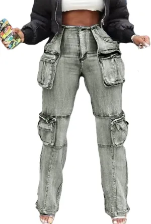 Vakkest Denim Cargo Jeans for Women High Waisted Loose Baggy Straight Wide Leg Stretch Pants Y2K Streetwear with Flap Pockets