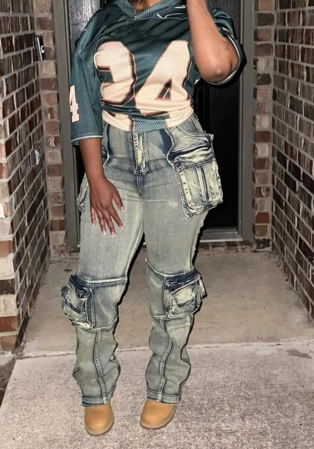 Vakkest Denim Cargo Jeans for Women High Waisted Loose Baggy Straight Wide Leg Stretch Pants Y2K Streetwear with Flap Pockets