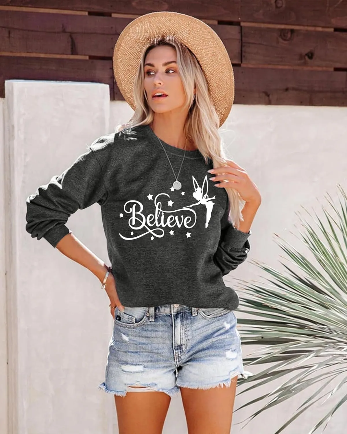 VILOVE Believe in Magic Sweatshirt Women Cute Fairy Graphic Shirt Magic Kingdom Shirt Funny Family Vacation Long Sleeve Top