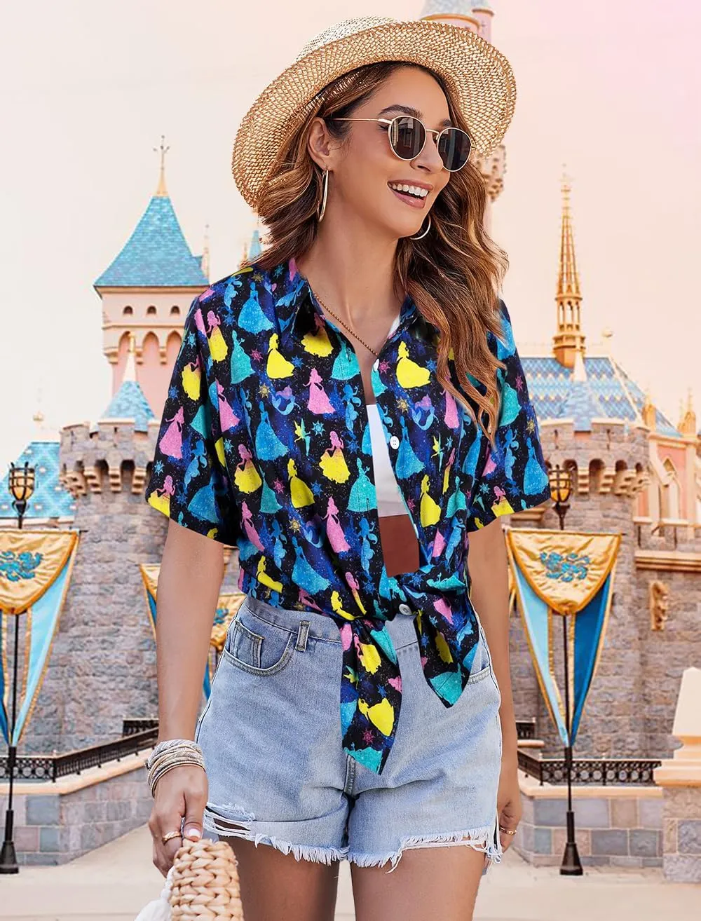 VILOVE Magical Shirt for Women Magic Hawaiian Shirts Princess Tshirt Funny Castle Graphic Family Vacation Button Up Tops