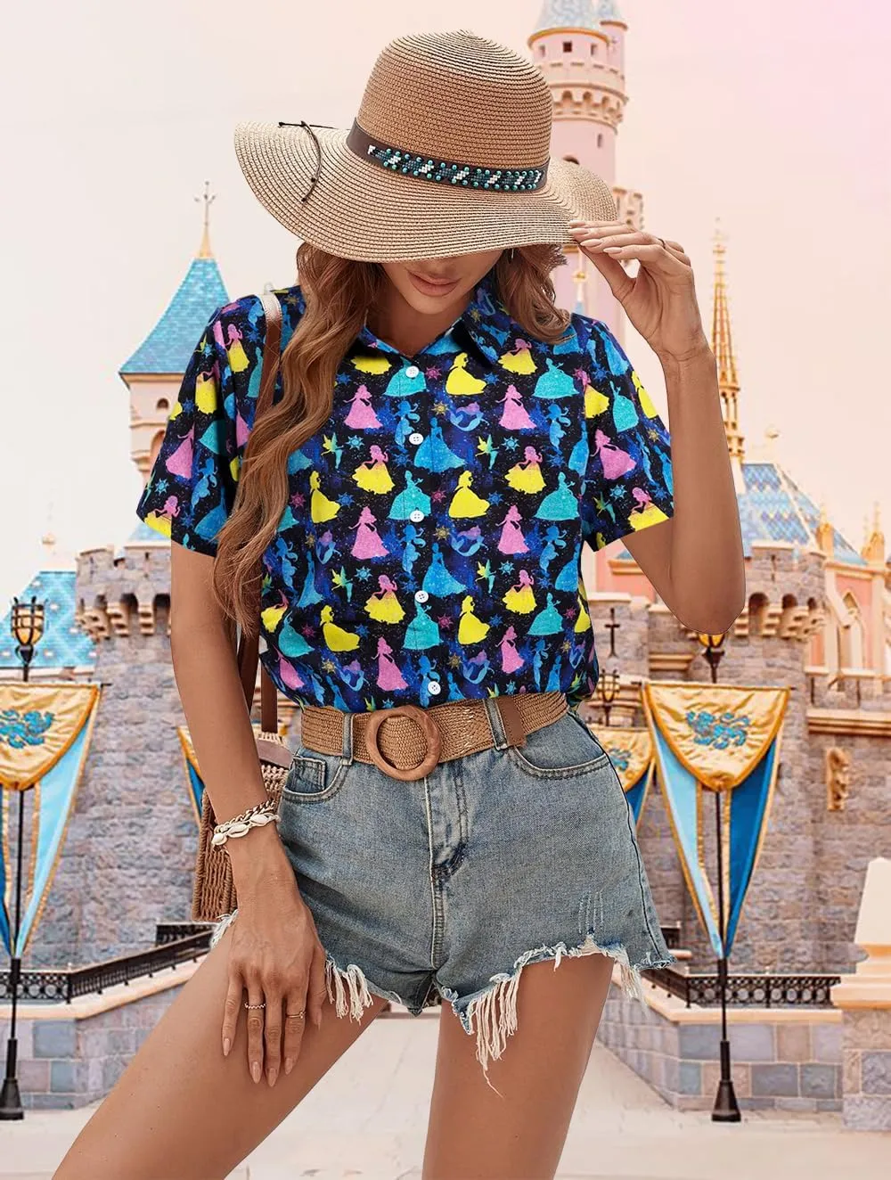 VILOVE Magical Shirt for Women Magic Hawaiian Shirts Princess Tshirt Funny Castle Graphic Family Vacation Button Up Tops