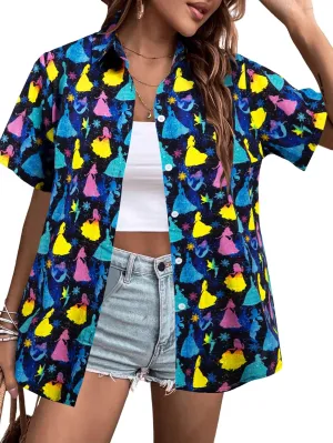 VILOVE Magical Shirt for Women Magic Hawaiian Shirts Princess Tshirt Funny Castle Graphic Family Vacation Button Up Tops