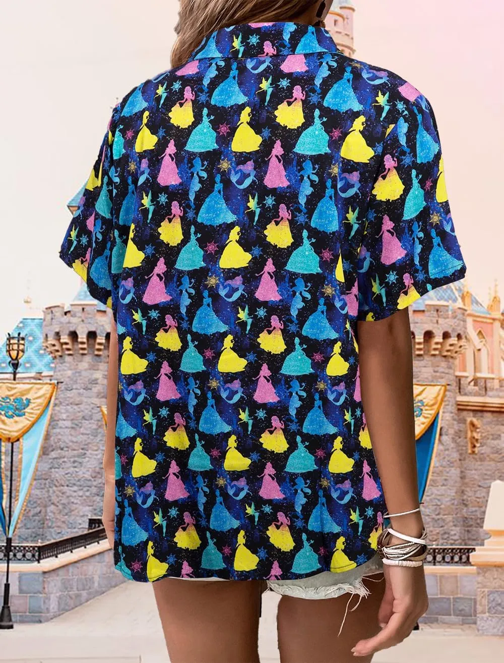 VILOVE Magical Shirt for Women Magic Hawaiian Shirts Princess Tshirt Funny Castle Graphic Family Vacation Button Up Tops