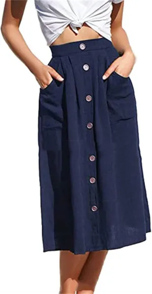 VIVICOLOR Womens Linen Button Midi Skirt Ladies Linen Pleated A-Line Skirt High Waist Button Skirt with Pockets