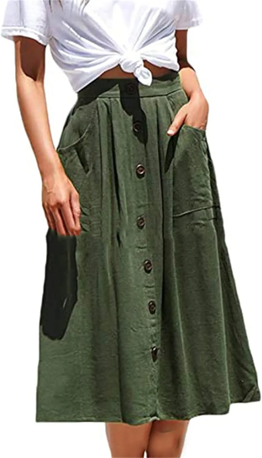 VIVICOLOR Womens Linen Button Midi Skirt Ladies Linen Pleated A-Line Skirt High Waist Button Skirt with Pockets