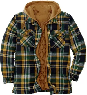 WANZZXCSL Men's Fashion Casual Men's Quilted Lined Button Down Plaid Shirt Add Velvet to Keep Warm Jacket with Hood