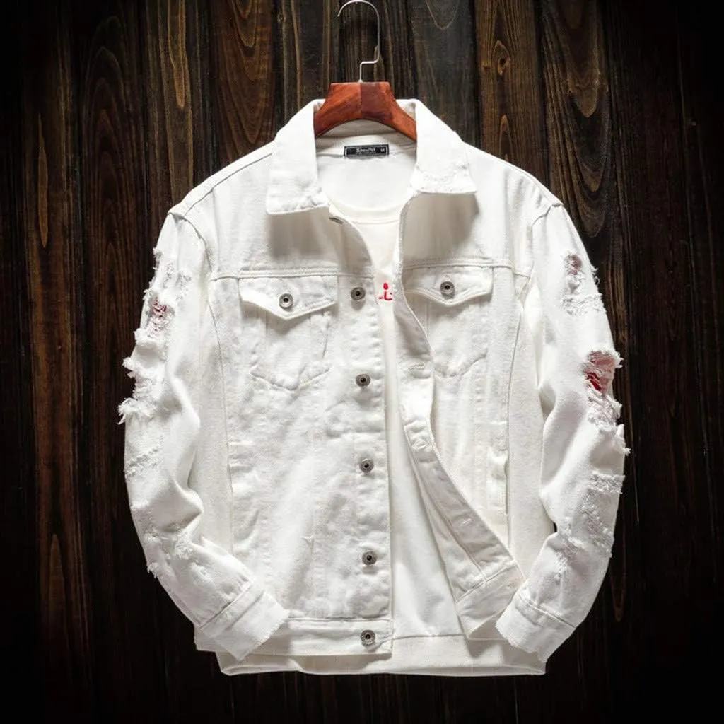 WENKOMG1 Ripped Denim Jacket for Men Hipster Style Autumn Long Sleeve Top Urban Outerwear