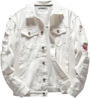 WENKOMG1 Ripped Denim Jacket for Men Hipster Style Autumn Long Sleeve Top Urban Outerwear