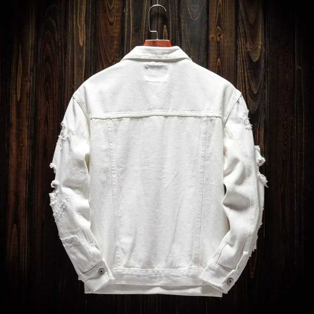 WENKOMG1 Ripped Denim Jacket for Men Hipster Style Autumn Long Sleeve Top Urban Outerwear
