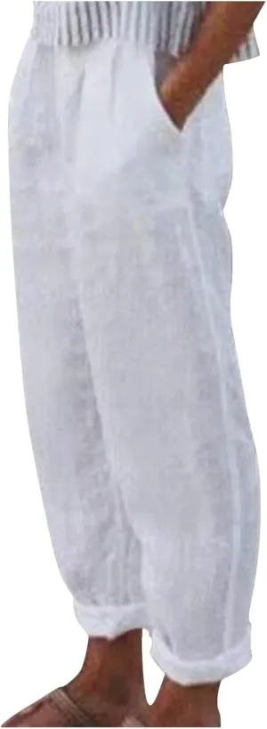 White Cotton Linen Pants for Women Summer Casual Loose Trousers Elastic Waist Straight Leg Pants with Pockets