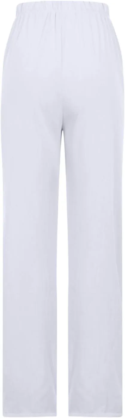 White Cotton Linen Pants for Women Summer Casual Loose Trousers Elastic Waist Straight Leg Pants with Pockets