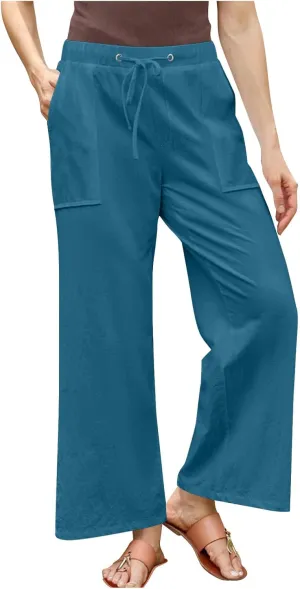 Wide Leg Linen Pants for Women 2025 Summer Casual Jogging Pants Drawstring High Waisted Lounge Trousers with Pockets