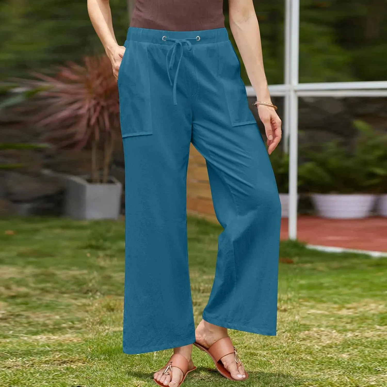 Wide Leg Linen Pants for Women 2025 Summer Casual Jogging Pants Drawstring High Waisted Lounge Trousers with Pockets