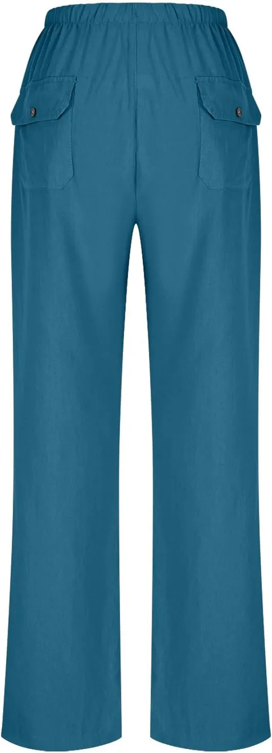 Wide Leg Linen Pants for Women 2025 Summer Casual Jogging Pants Drawstring High Waisted Lounge Trousers with Pockets